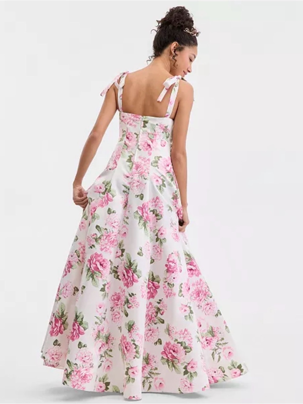 B Darlin White Maxi Dress with Pink Rose Print and Tie Shoulders - Picture 3 of 3